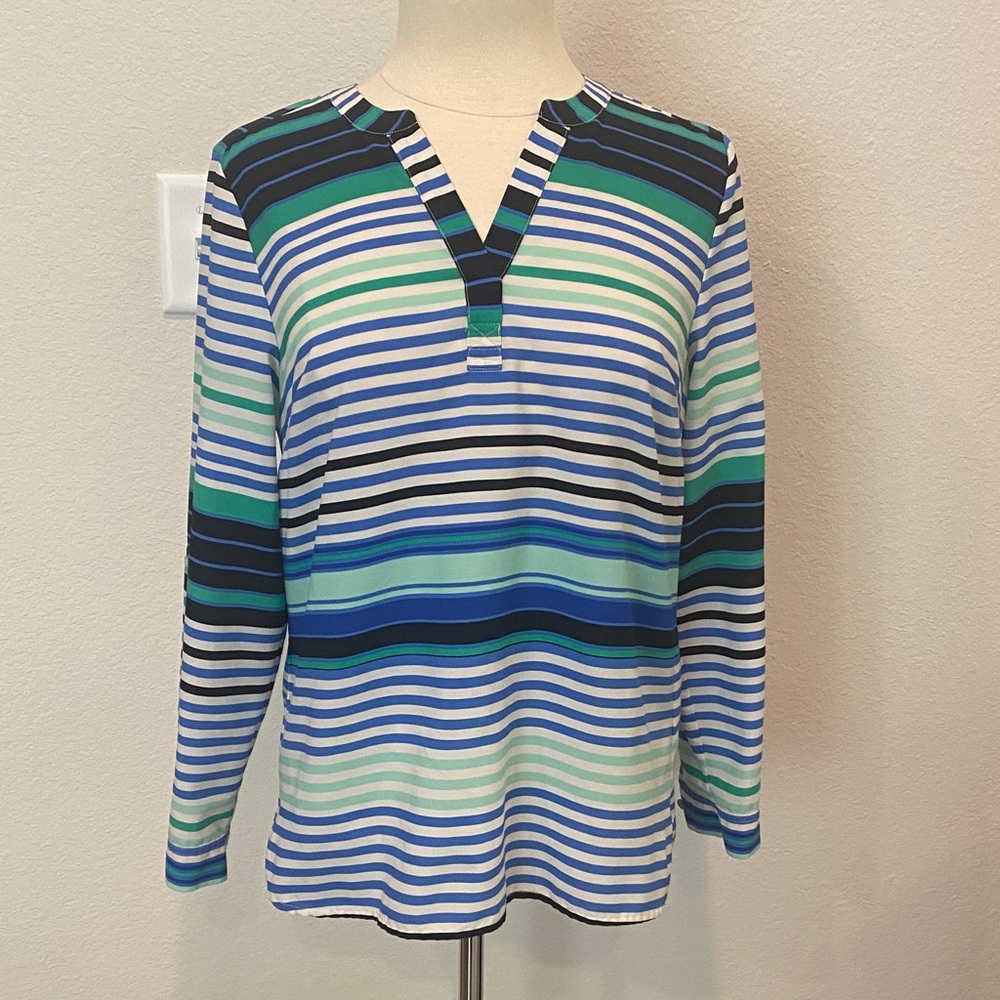 Talbots Striped Notch-Neck Tunic in Blue, Navy & Green Medium